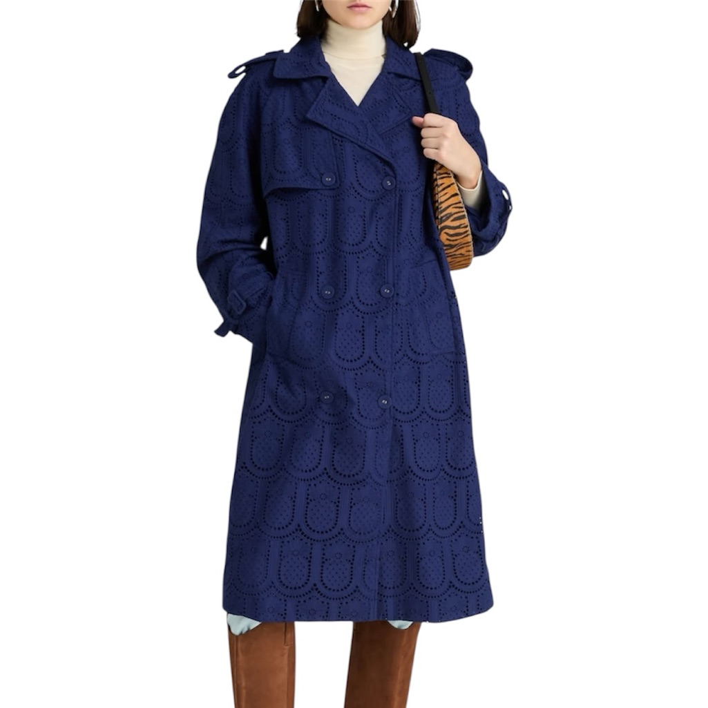 Farm Rio Navy Blue Cotton Lace Crochet Eyelet Oversized Trench Duster Coat